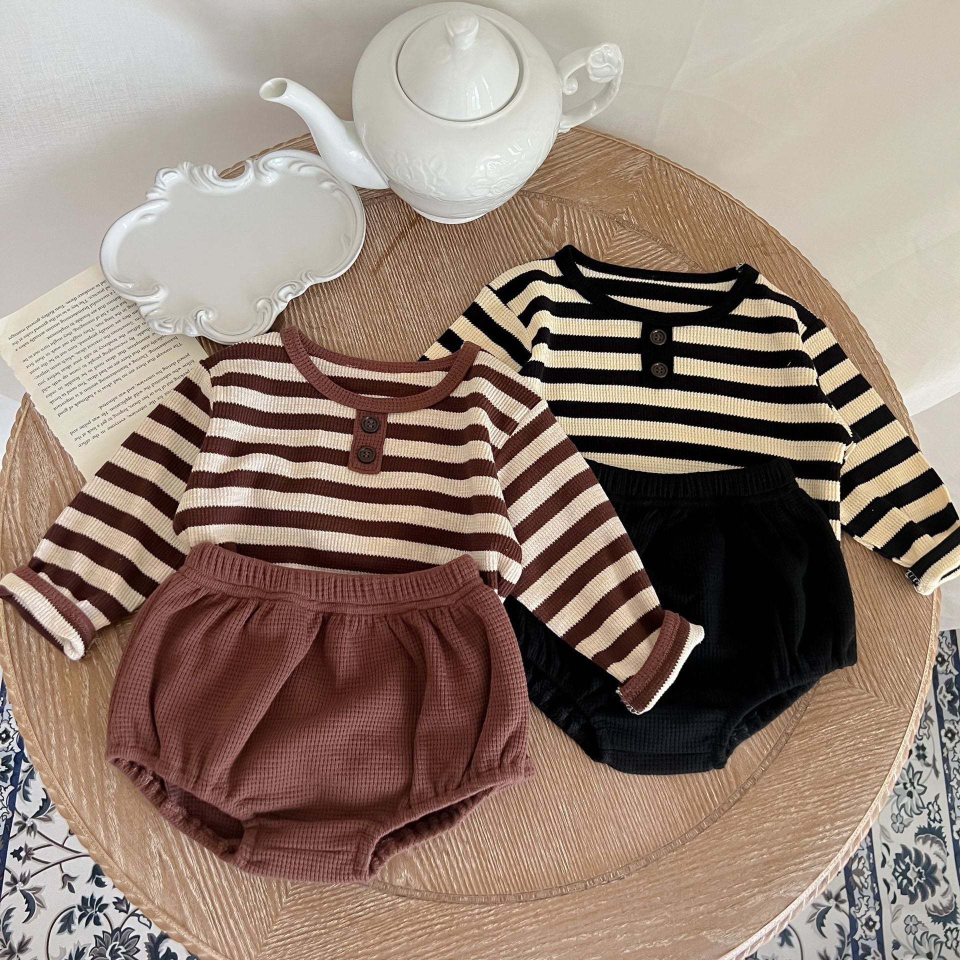 Baby Striped Pattern Long Sleeve Tops & Triangle Shorts 1 Pieces Sets-0