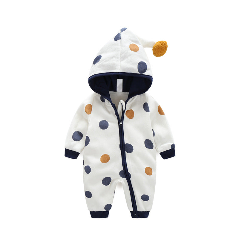 Baby Polka Dot Pattern Button Front Design Fleece Warm Rompers With Hat-2