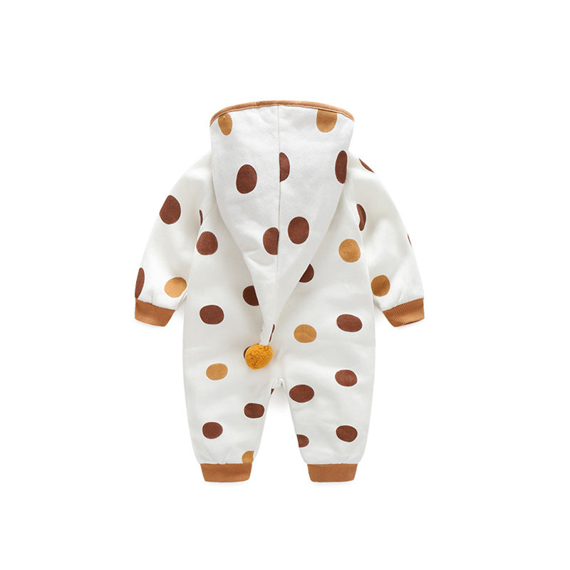 Baby Polka Dot Pattern Button Front Design Fleece Warm Rompers With Hat-3