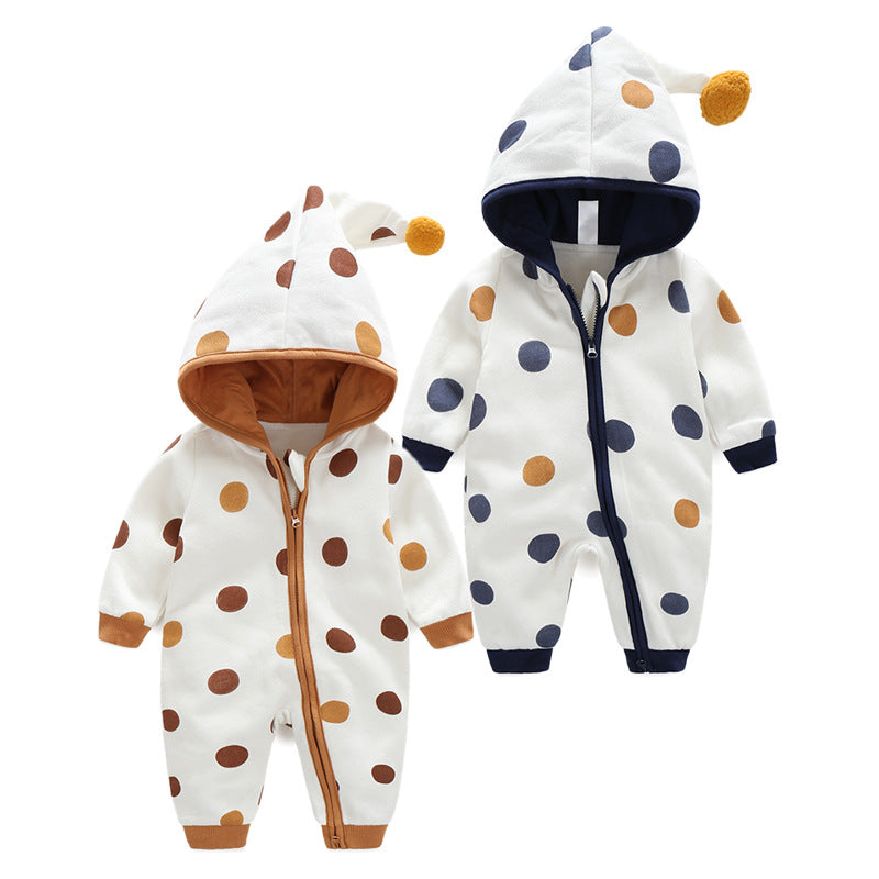 Baby Polka Dot Pattern Button Front Design Fleece Warm Rompers With Hat-0