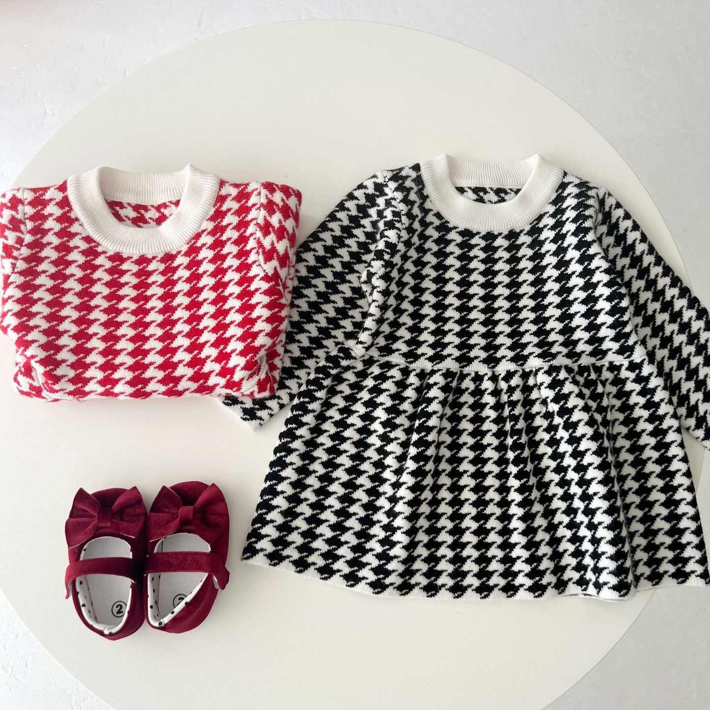 Baby Girl Hounds tooth Pattern Loose Long Sleeve Thickened Dress-0
